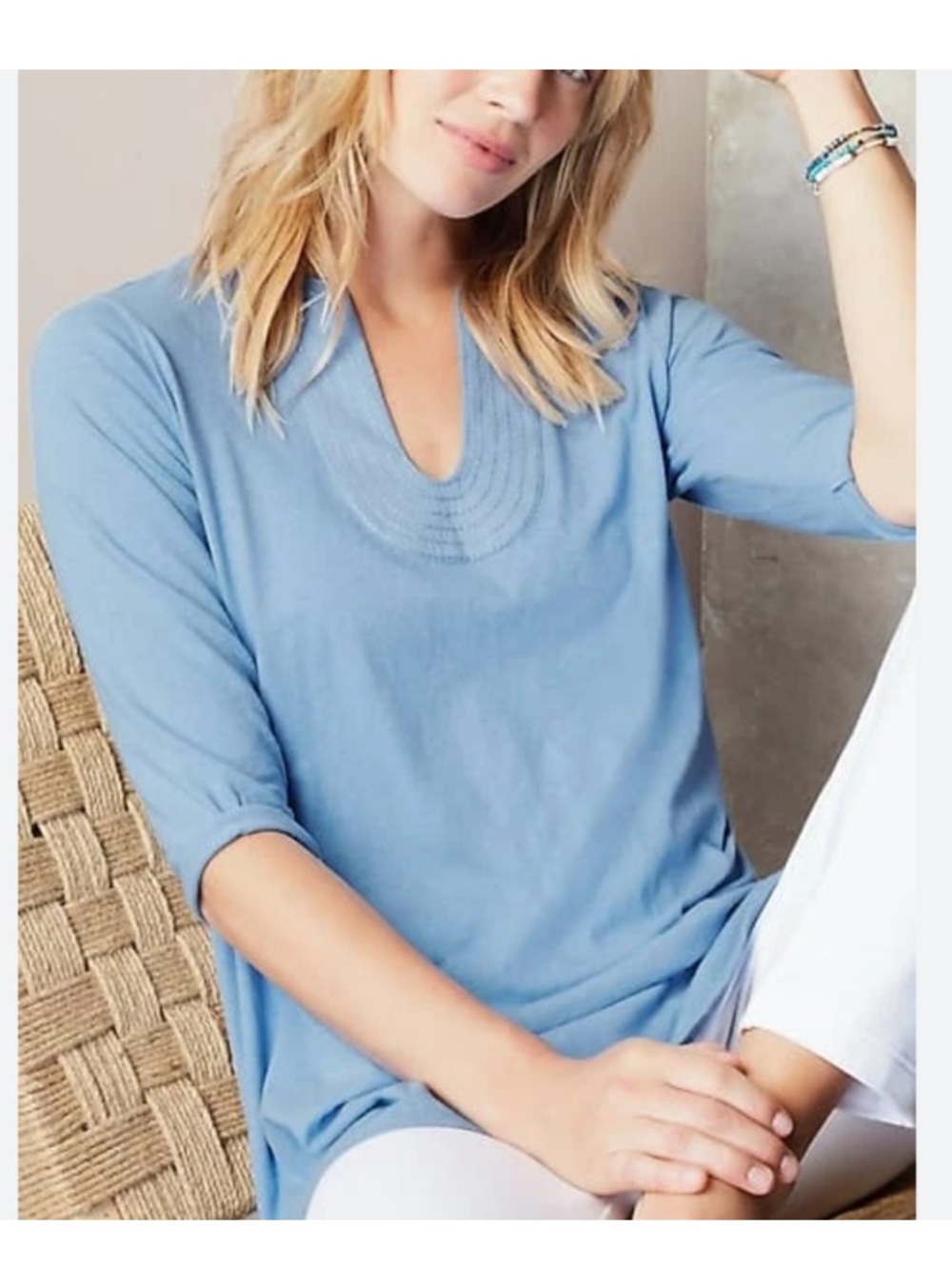 J. Jill Trapunto Tunic 3/4 Length Sleeves V-Neck Top Cotton Linen Blend Small